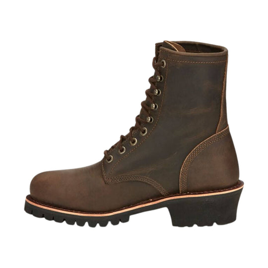 Brown leather lace-up logger boot with a black lug sole and low heel