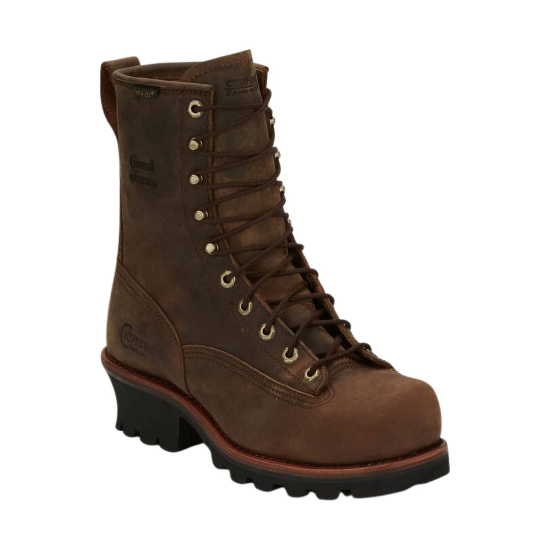 Brown leather lace-up logger work boot with metal eyelets and a thick black lug sole