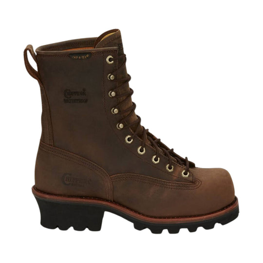 Brown leather lace-up logger work boot with metal eyelets, lug sole, and a pull loop
