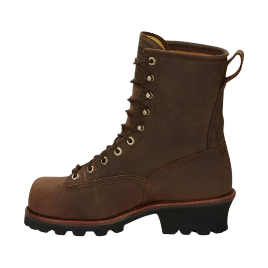 Brown leather lace-up logger work boot with metal eyelets, pull loop, and black lug sole