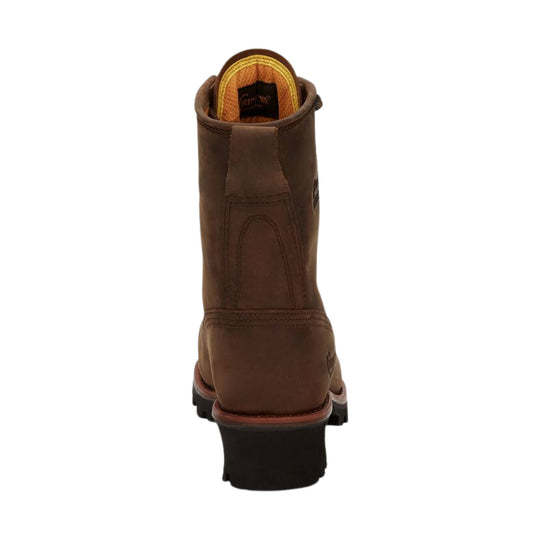 Brown leather pull-on work boot shown from the back