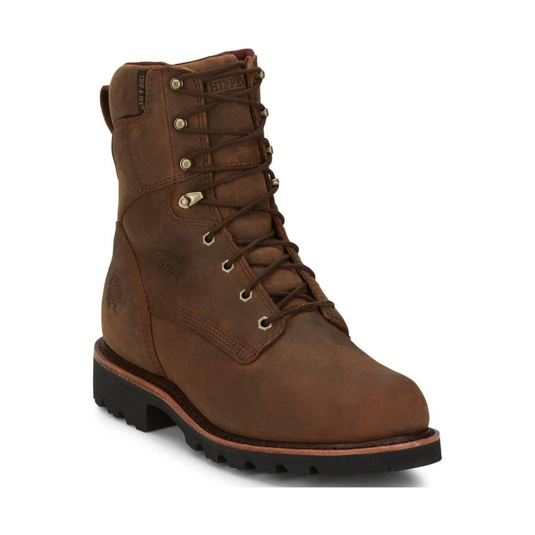 Brown leather lace-up work boot with metal eyelets, padded collar, and black lug sole