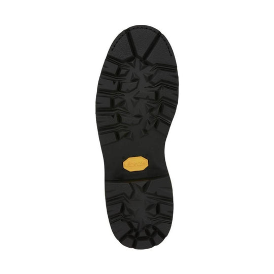 Black lugged boot outsole with a yellow heel insert