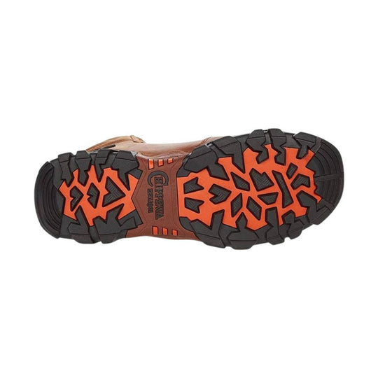 Brown boot sole with black lug tread and orange traction inserts, shown from the bottom