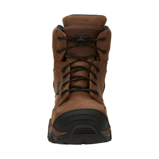 Brown lace-up work boot with black toe cap and lug sole
