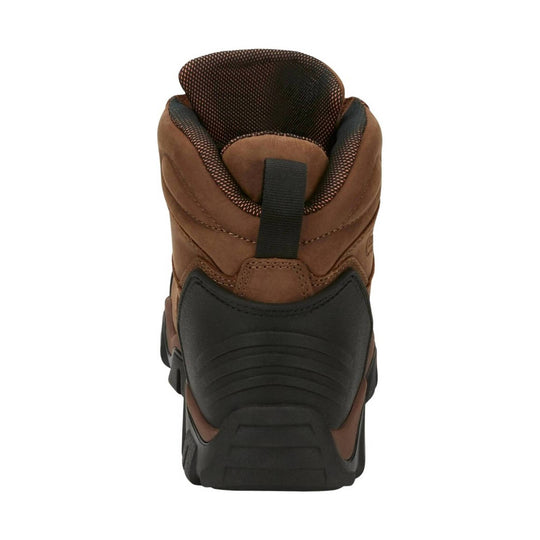 Brown and black hiking boot shown from the back with a padded collar and pull tab