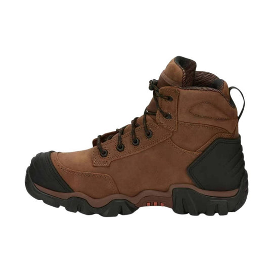 Brown lace-up hiking boot with black toe cap and rugged treaded sole
