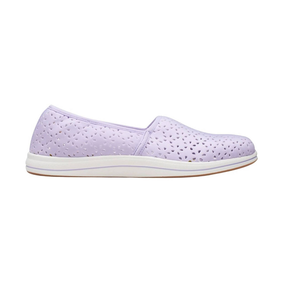 Light purple slip-on shoe with floral cutout pattern and white sole
