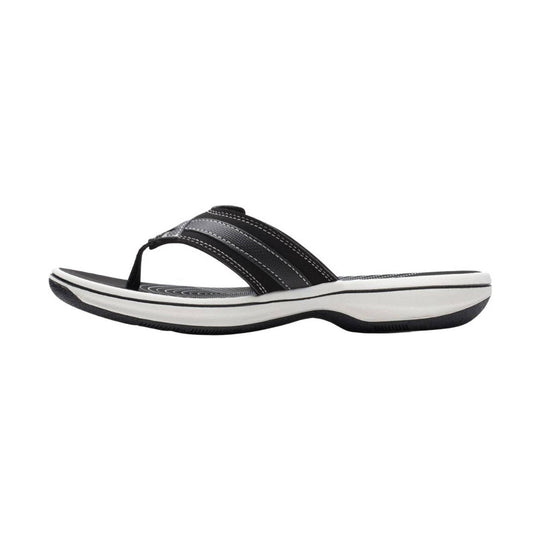 Black thong sandal with wide stitched straps and a white cushioned sole, shown in side view.
