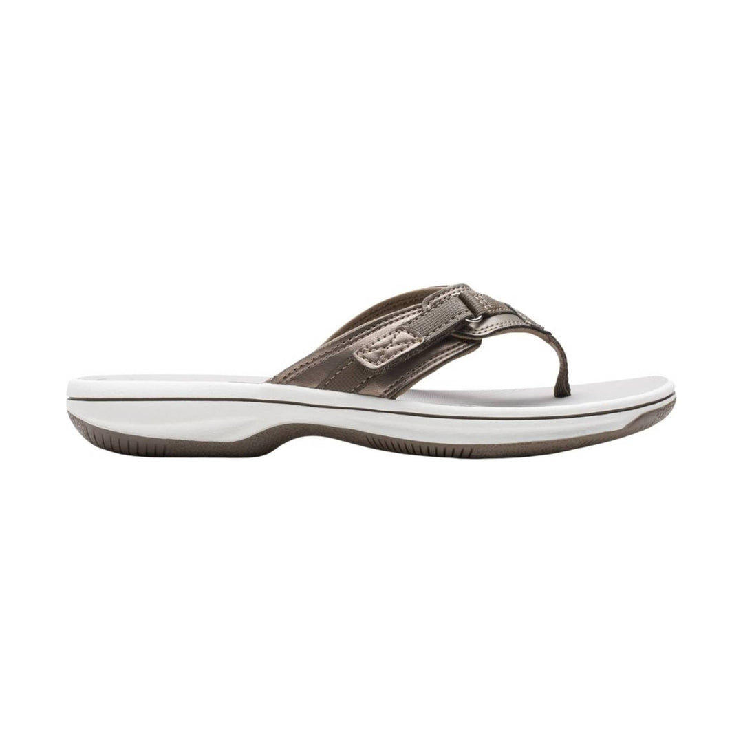 Taupe thong sandal with white cushioned sole and brown trim