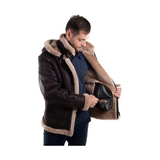 Brown shearling-lined leather bomber jacket shown open on a model