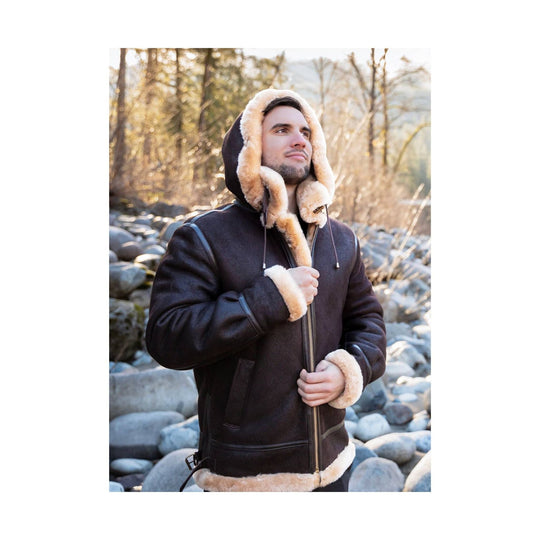Dark shearling-lined hooded bomber jacket with fur trim and zipper front