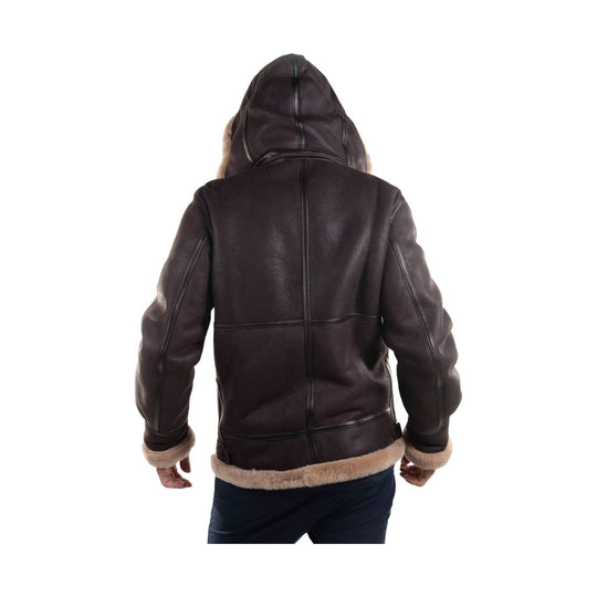 Brown shearling-lined hooded leather jacket shown from the back