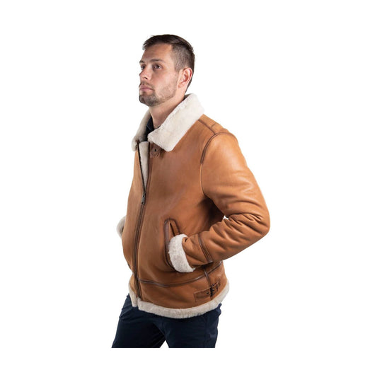 Brown shearling-lined bomber jacket with a zip front and folded collar, shown on a male model in side view