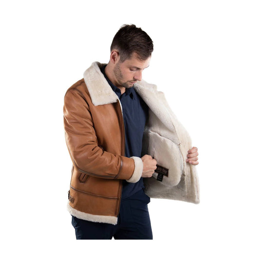 Chestnut leather shearling bomber jacket with white fur collar and lining, shown open