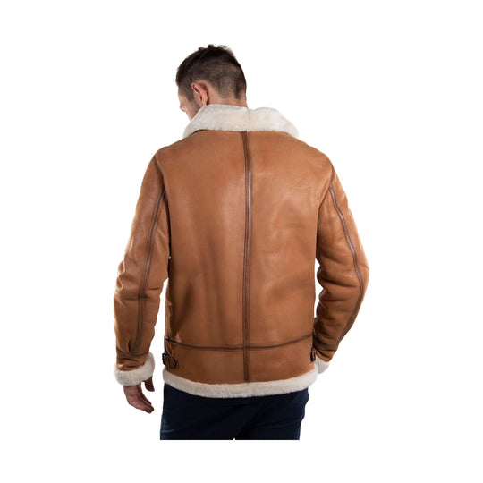 Chestnut leather shearling bomber jacket shown from the back, with cream fur collar, cuffs, and hem