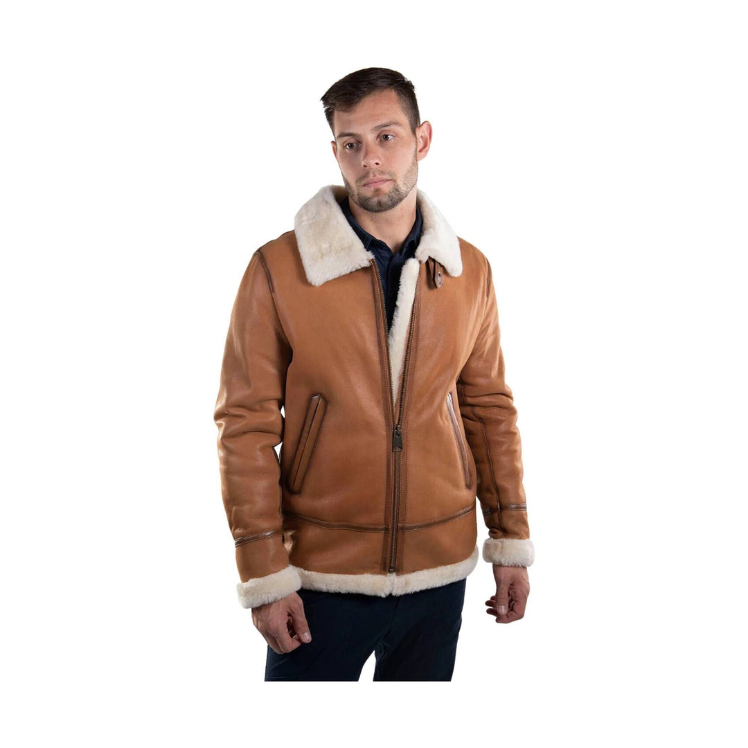 Chestnut shearling bomber jacket with white fleece collar, cuffs, and hem