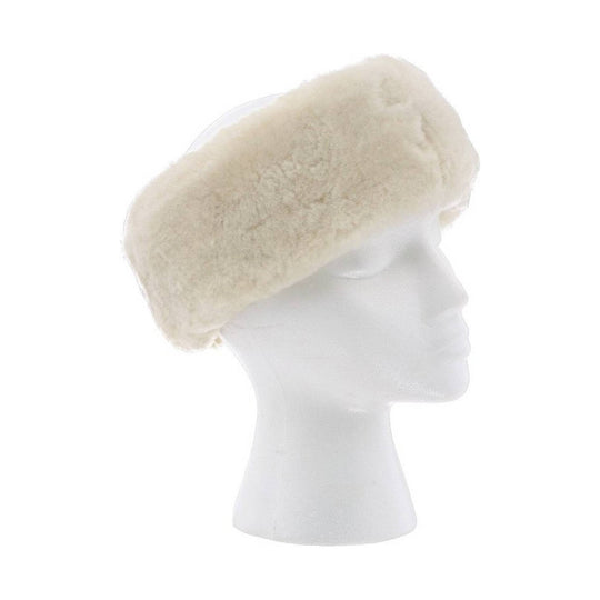 Cream shearling headband on a translucent mannequin head