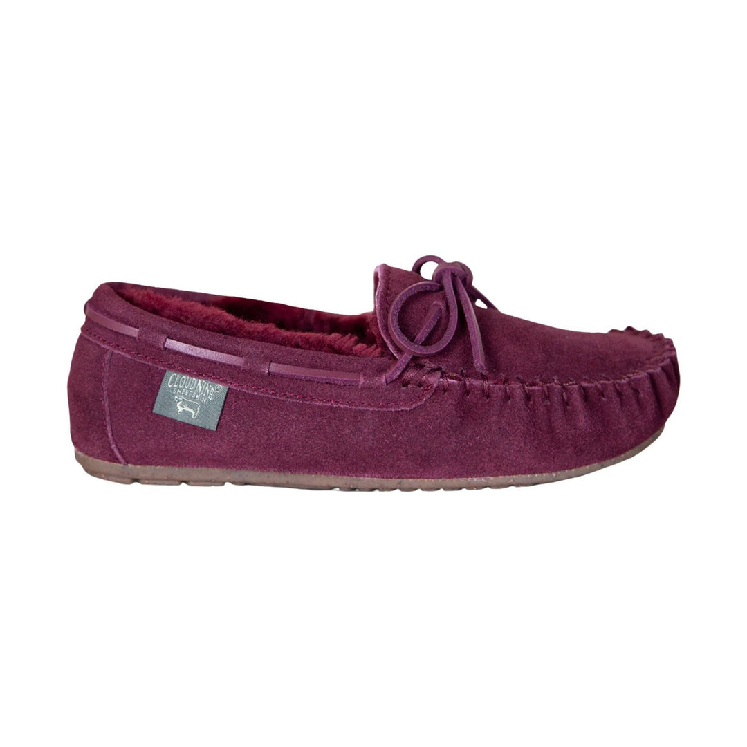 Burgundy suede moccasin slipper with bow laces and fleece lining