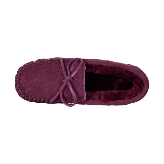 Burgundy suede moccasin slipper with bow tie and fleece lining, top view