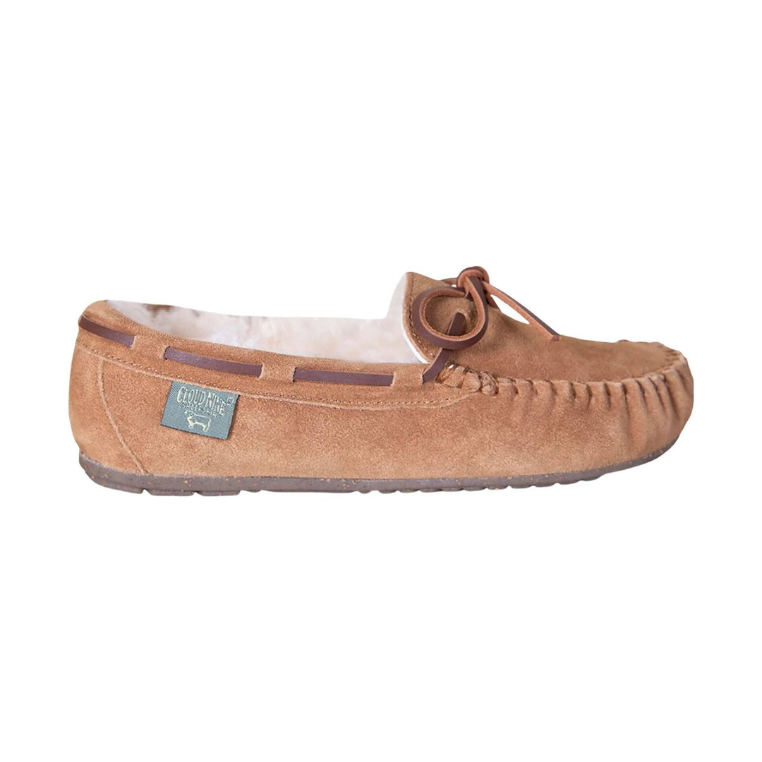 Tan suede moccasin slipper with laces, side stitching, and a small Cloud Nine tag