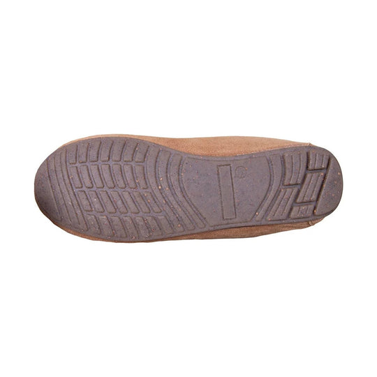 Brown slipper sole with tread pattern, shown from the bottom