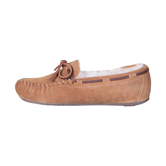 Tan suede moccasin slipper with tie bow and stitched toe seam, side view