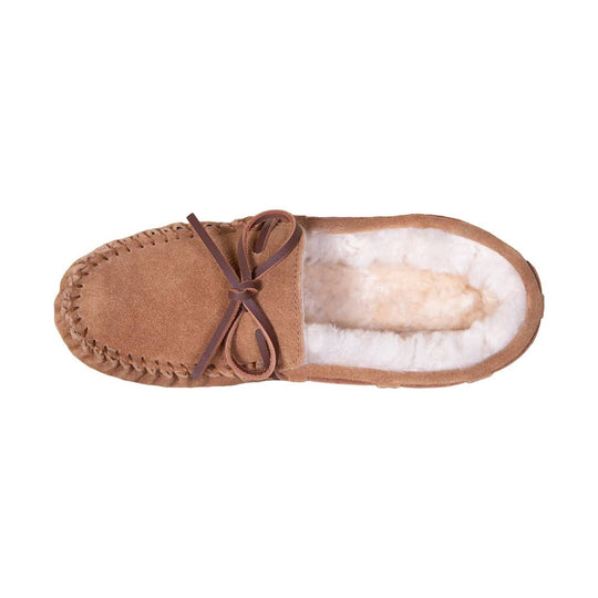 Tan suede moccasin slipper with leather bow and white shearling lining, top view