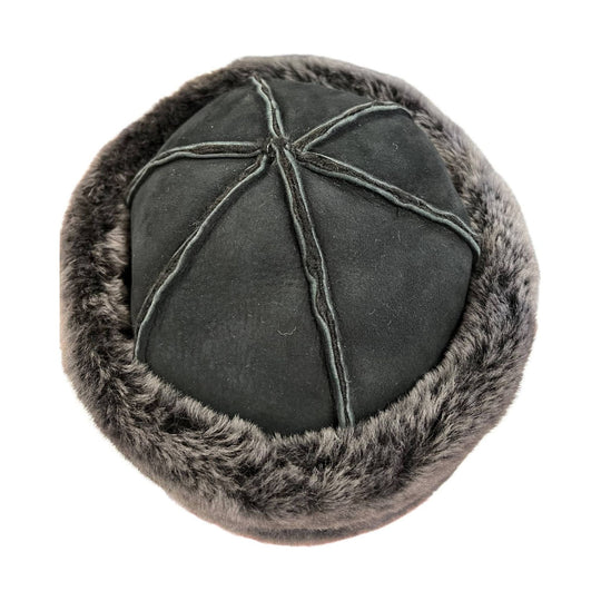 Black fur-lined trapper hat with stitched crown panels
