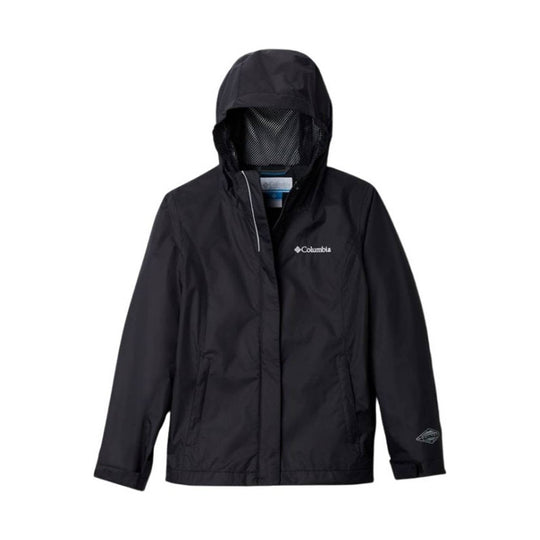 Black hooded rain jacket with front zip closure and mesh-lined hood