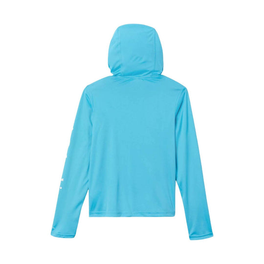 Blue long-sleeve hooded pullover shown from the back