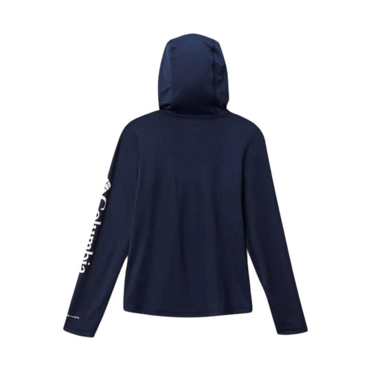 Navy hooded long-sleeve pullover with white sleeve logo
