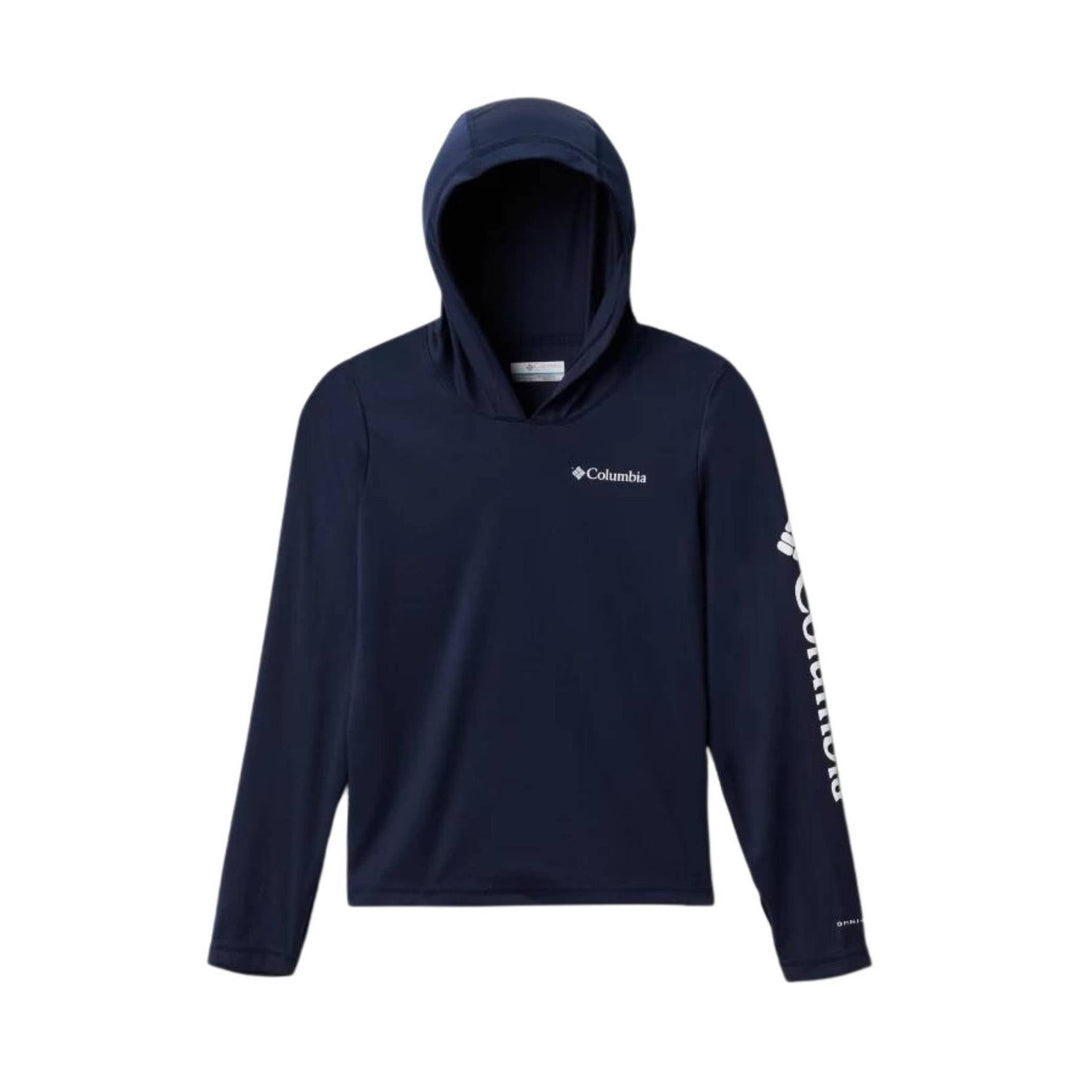 Navy long-sleeve hooded performance top with Columbia logo on chest and sleeve