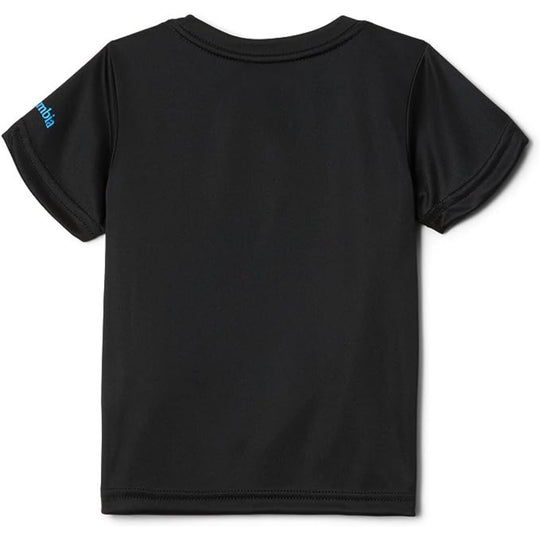Black short-sleeve T-shirt shown from the back with a small blue logo on the left sleeve