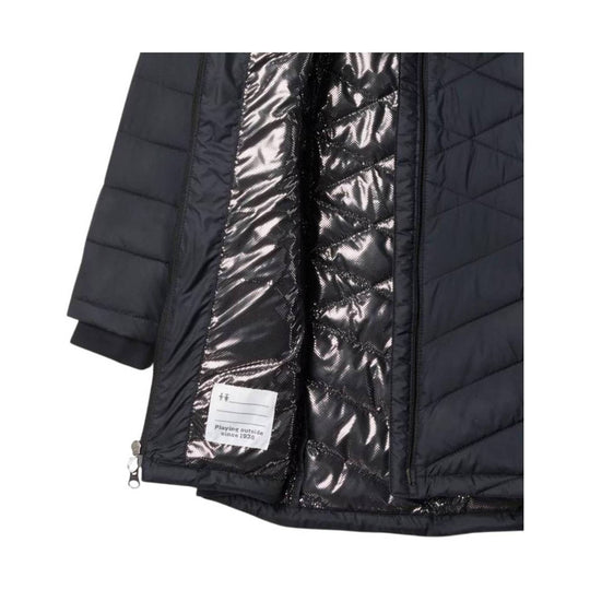 Black quilted puffer jacket with shiny inner lining and a sleeve pocket tag