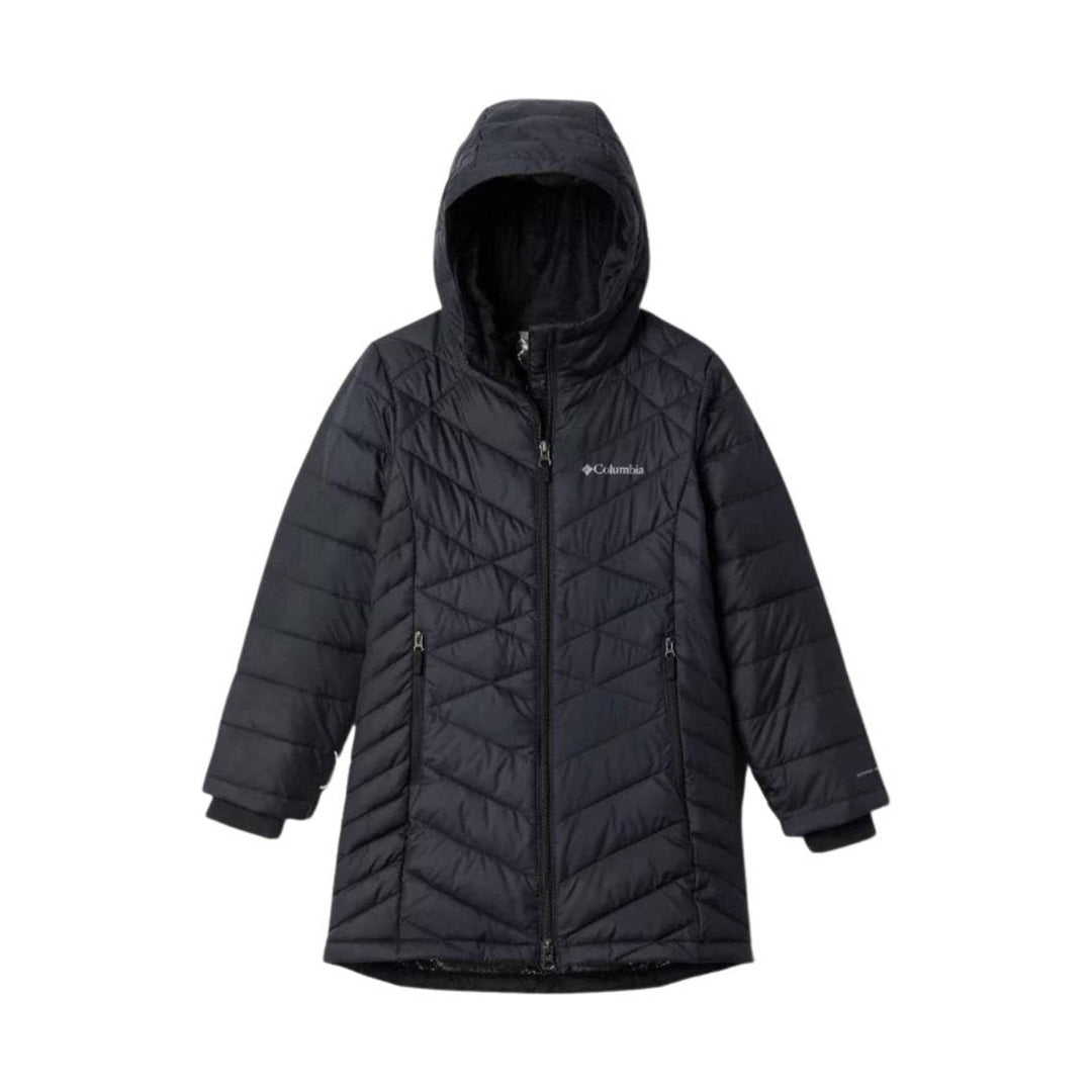 Black hooded quilted long winter coat with front zipper and zippered pockets