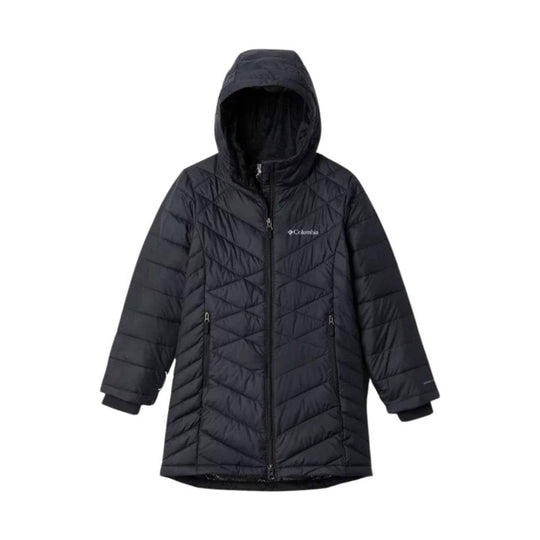 Black hooded quilted long winter coat with front zipper and zippered pockets