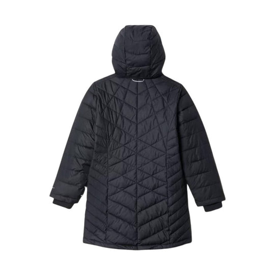 Black hooded quilted long puffer coat with long sleeves and ribbed cuffs