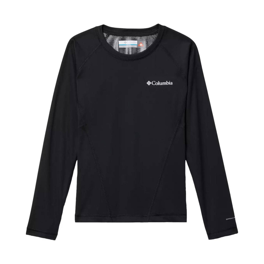 Black long-sleeve crewneck athletic shirt with a small chest logo and mesh lining at the collar