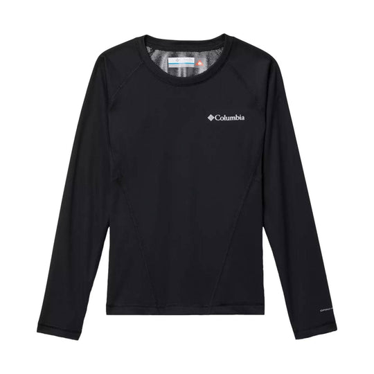 Black long-sleeve crewneck athletic shirt with a small chest logo and mesh lining at the collar