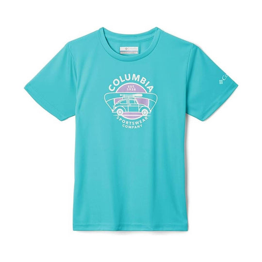 Turquoise short-sleeve graphic T-shirt with a surfboard and van print