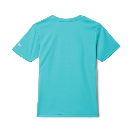 Turquoise short-sleeve crewneck T-shirt shown from the back