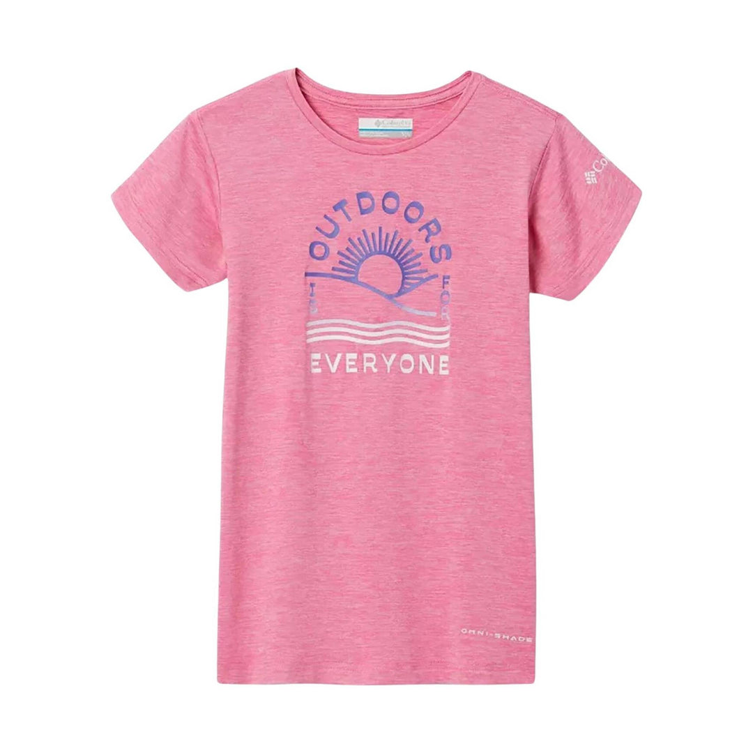 Pink short-sleeve graphic T-shirt with a blue sun and wave print and the word EVERYONE