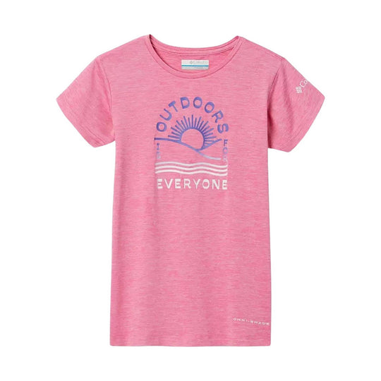 Pink short-sleeve graphic T-shirt with a blue sun and wave print and the word EVERYONE