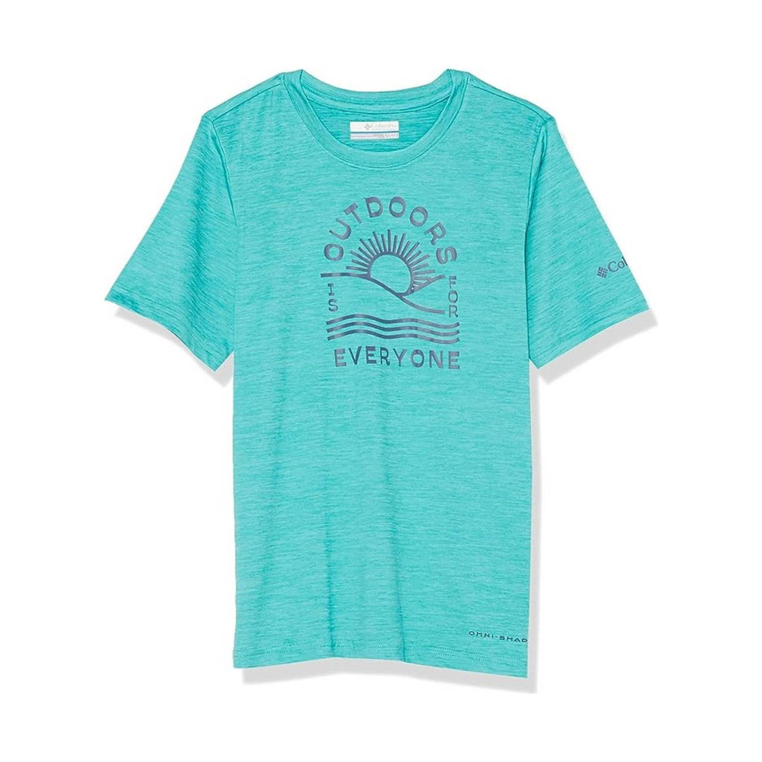 Turquoise heather short-sleeve crewneck shirt with a centered outdoor graphic and the words "OUTDOORS FOR EVERYONE"