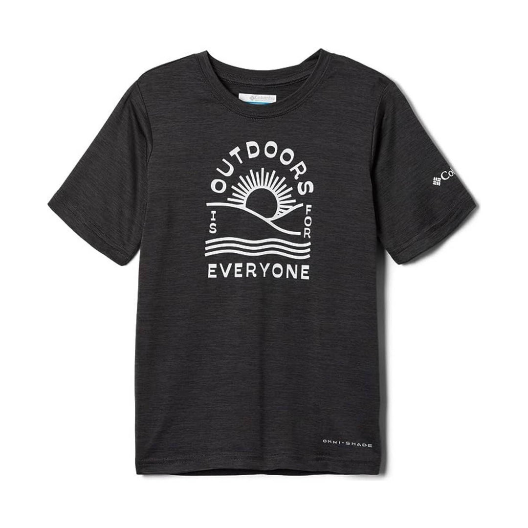 Dark heather gray short-sleeve graphic T-shirt with a sun and waves print and the words "OUTDOORS IS FOR EVERYONE"
