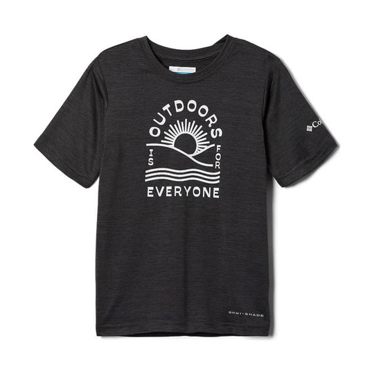 Dark heather gray short-sleeve graphic T-shirt with a sun and waves print and the words "OUTDOORS IS FOR EVERYONE"