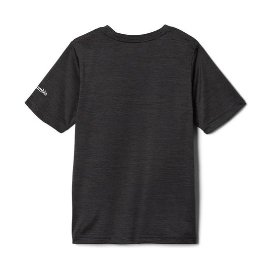 Dark heathered short-sleeve T-shirt with a small Columbia logo on the sleeve