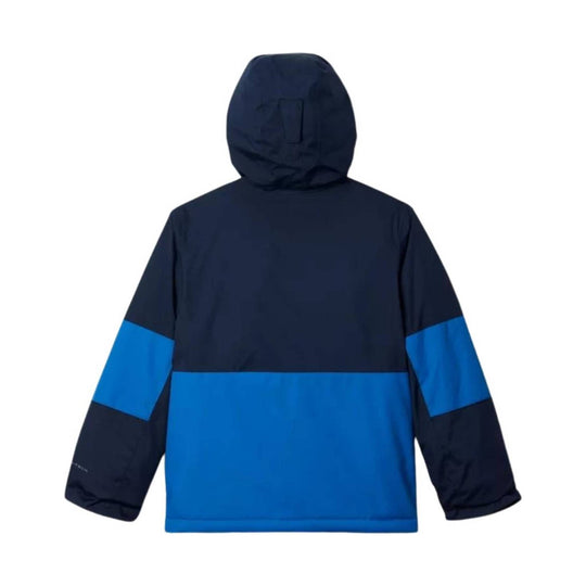 Navy hooded kids' jacket with bright blue panels and black sleeves