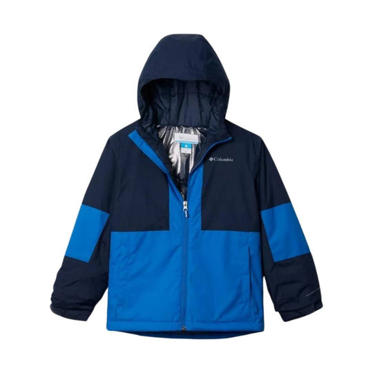 Blue and navy hooded kids' insulated jacket with front zipper and color-block panels